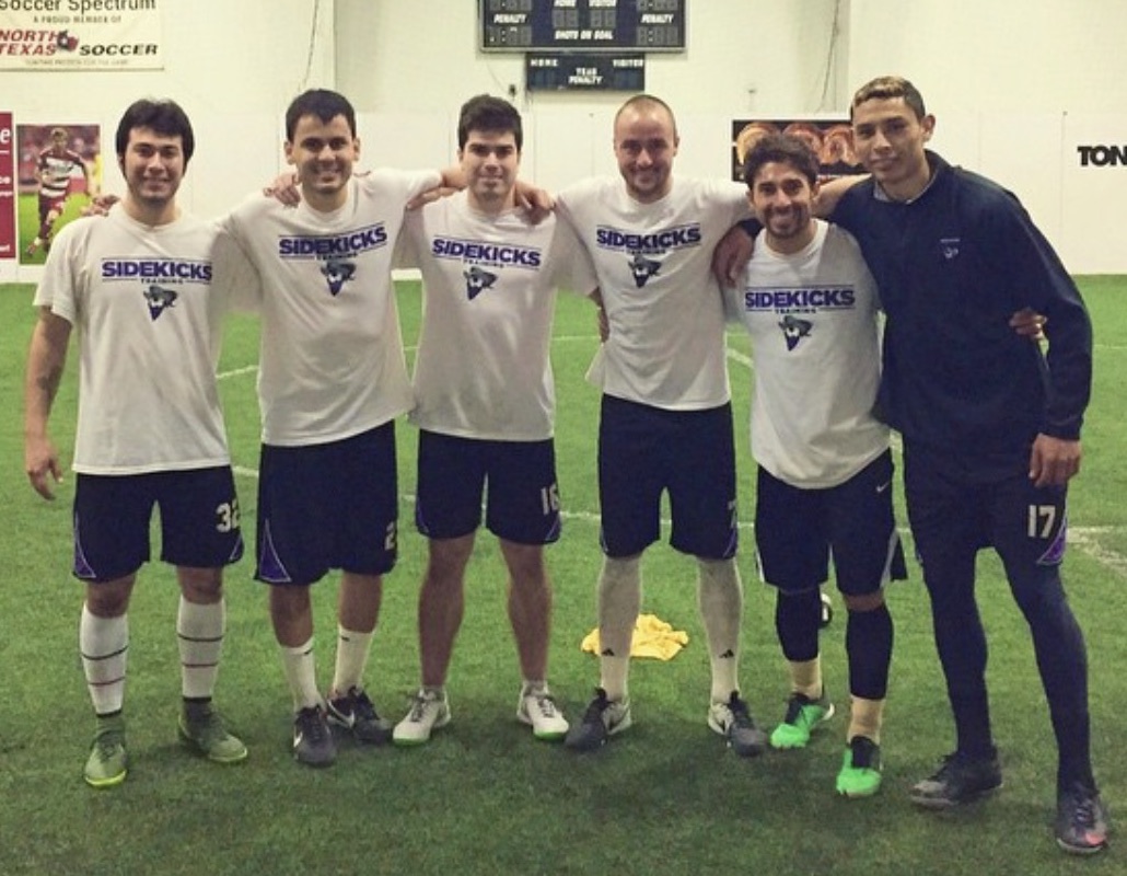 John with teammates in Sidekicks training shirts after a morning training session in Dallas
